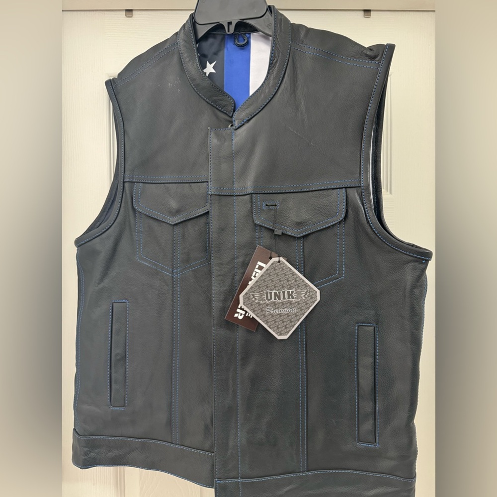 Leather Riding Vest Blue Line Flag